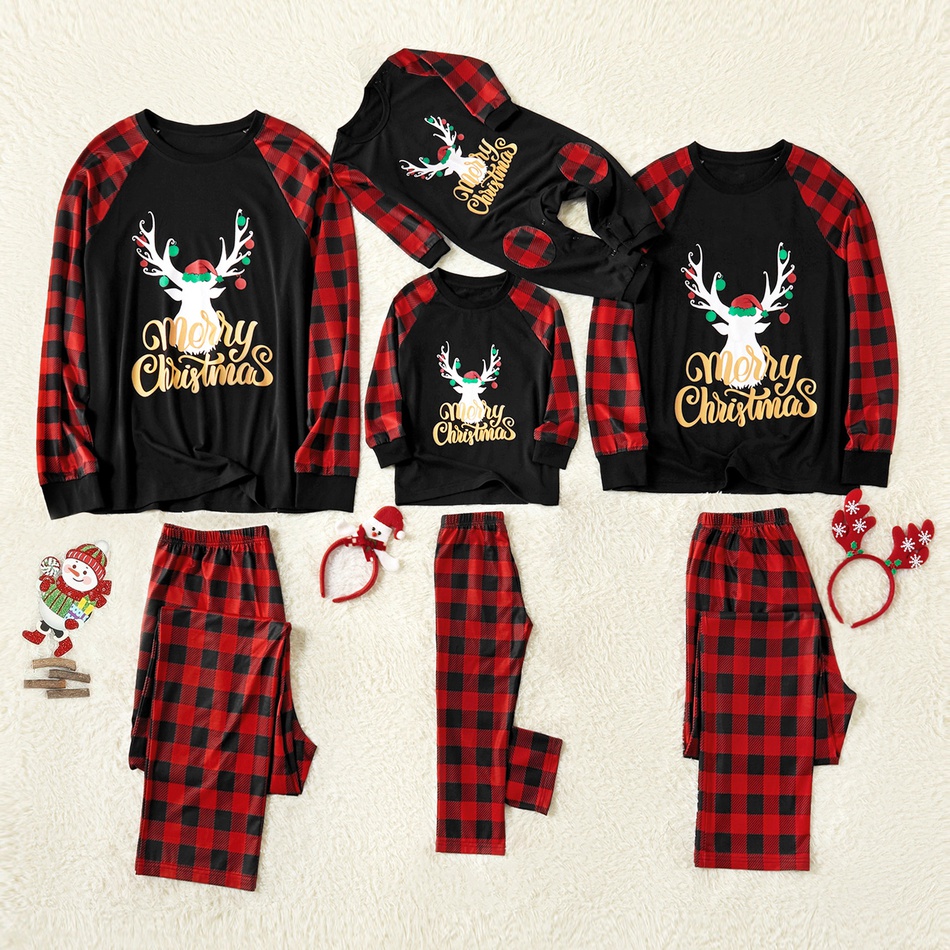 PatPat New Arrival Winter Family Look Merry Christmas Letter Antler Print Plaid Splice Matching Pajamas Sets for Family