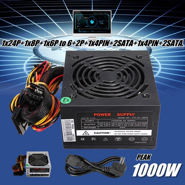 EU Plug Black 1000W Power Supply Psu Pfc Silent Fan Atx 24pin 12V PC Computer Sata Gaming PC Power Supply For Intel Amd Comput