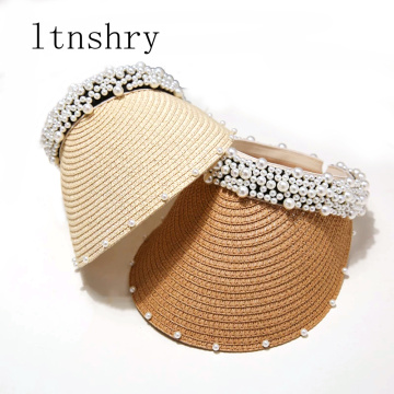 2019Summer Hand-woven pearl straw hat sun hat Visor Women Empty Top Hat For Girls Beach Hats Fashion Cap Ladies travel out door