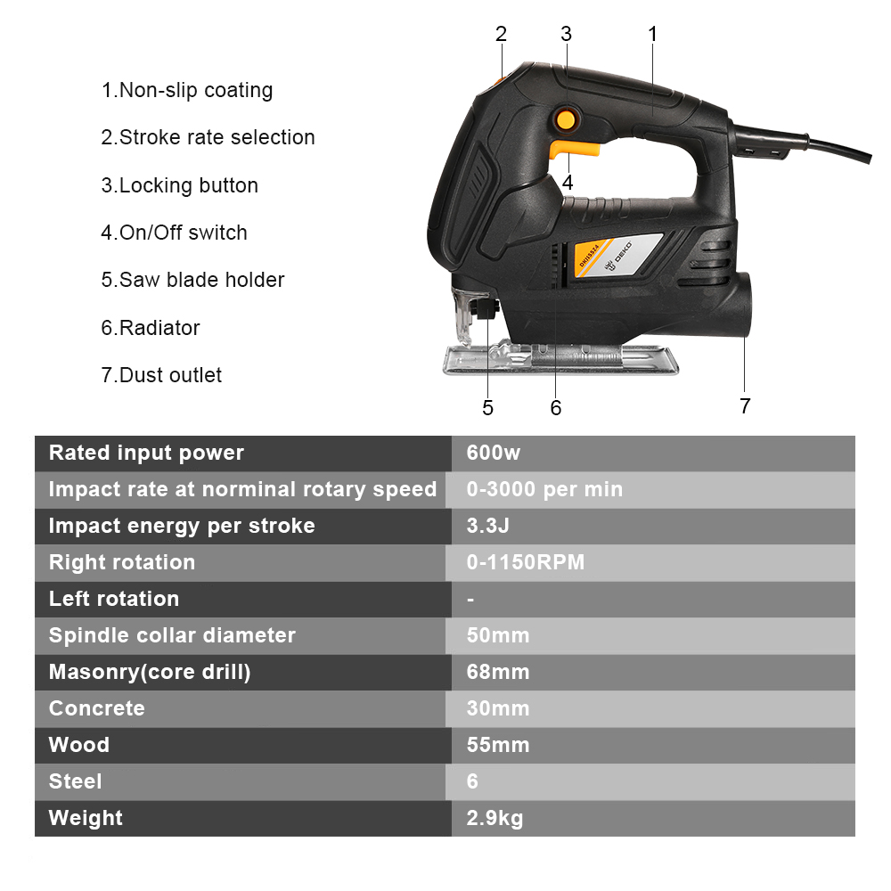 DEKO Jig Saw Variable Speed Electric Saw with 1 Piece Blades/1 Metal Ruler/2 Carbon Brushes/1 Allen Wrench Jigsaw Power Tools