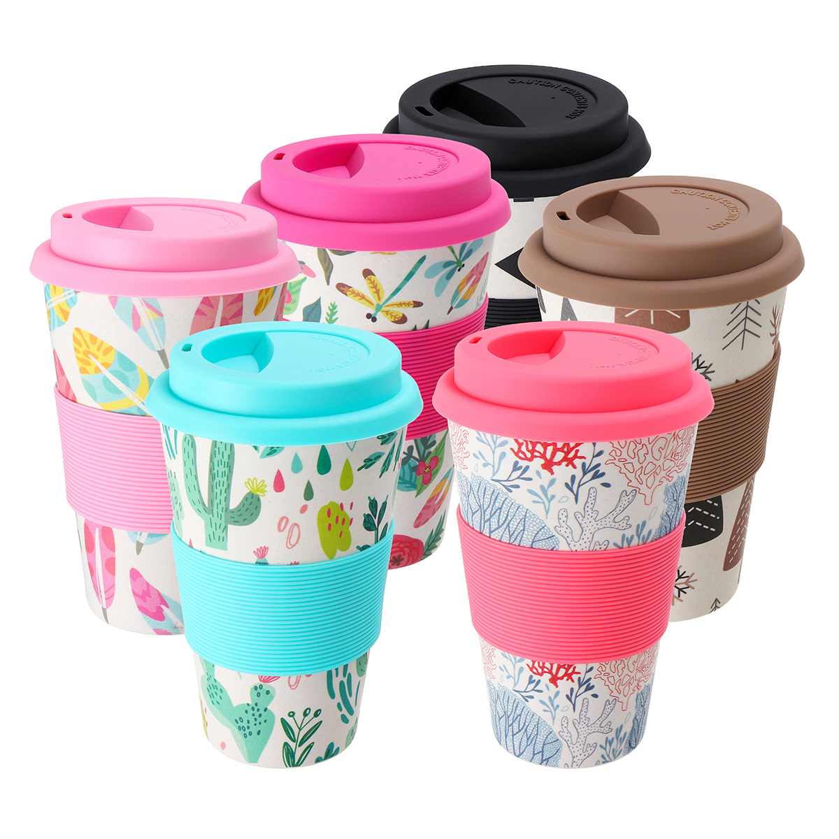 400ml Portable Practical Reusable Bamboo Fiber Silicone Cap Coffee Cups Eco Friendly Non-slip Printing Travel Mugs Useful