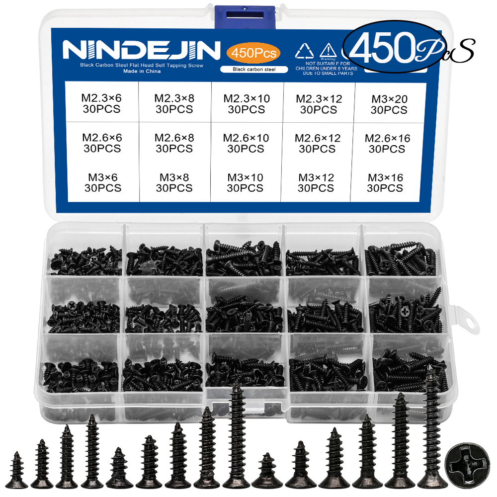 450pcs/set Black plated Countersunk flat head tapping screws with cross recessed M2.3 M2.6 M3 Carbon Steel assortment kit