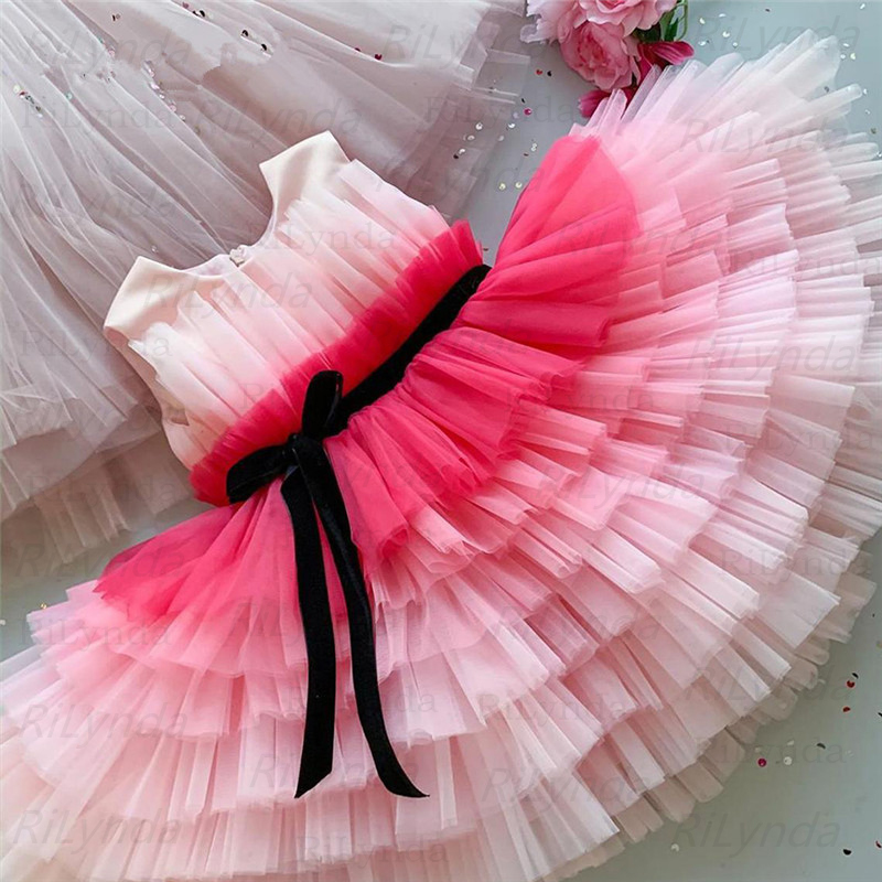 Pink Cute Girl Pageant Dresses Kids Bow Sashes Flower Girl Dress Tulle Layered Ball Gown Little Bride Dresses