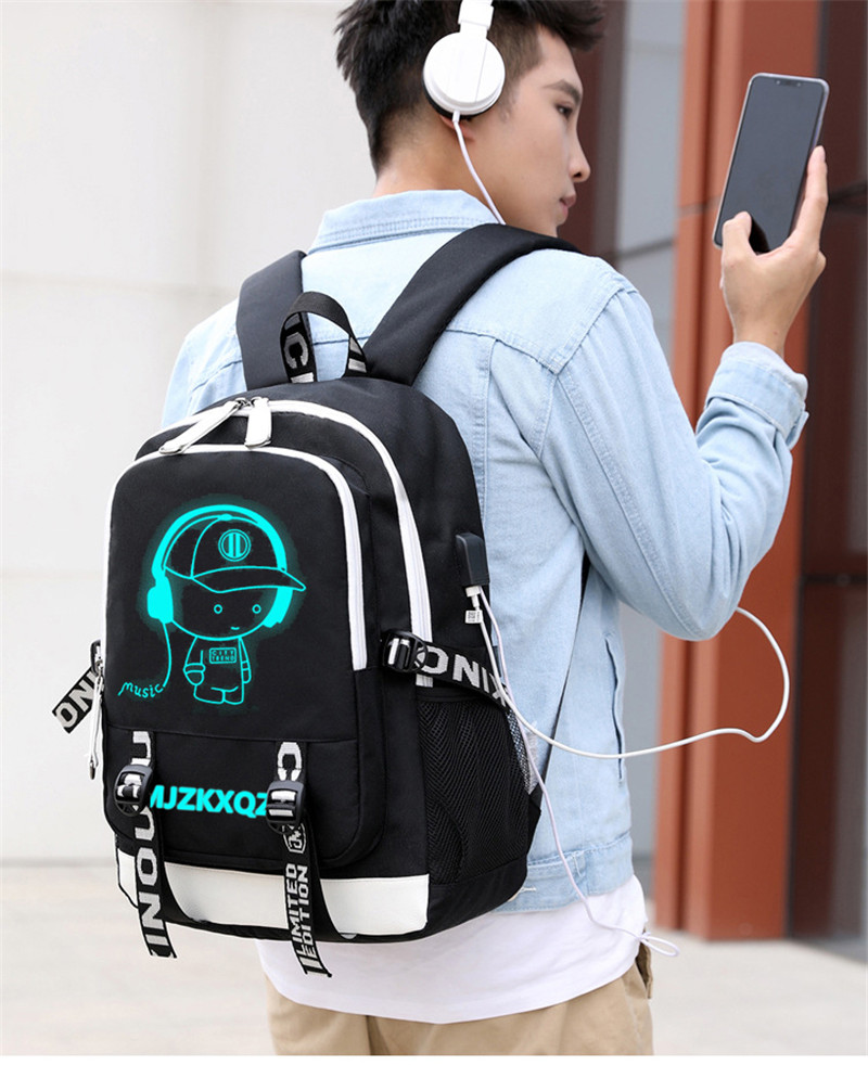 Mjzkxqz Fashion Music Luminous USB Charging Headphone Jack Backpack School Bags Laptop Backpack Schoolbag Anime Backpack