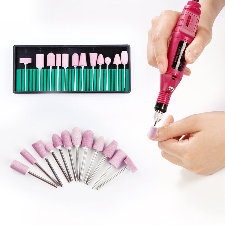 12pcs Mini Nail Drill Bit Set Quartz Abrasive Tools Electric Drill Bits Nail Art Equipment 2.35 3/32 Pink Grinding Head Tool Kit