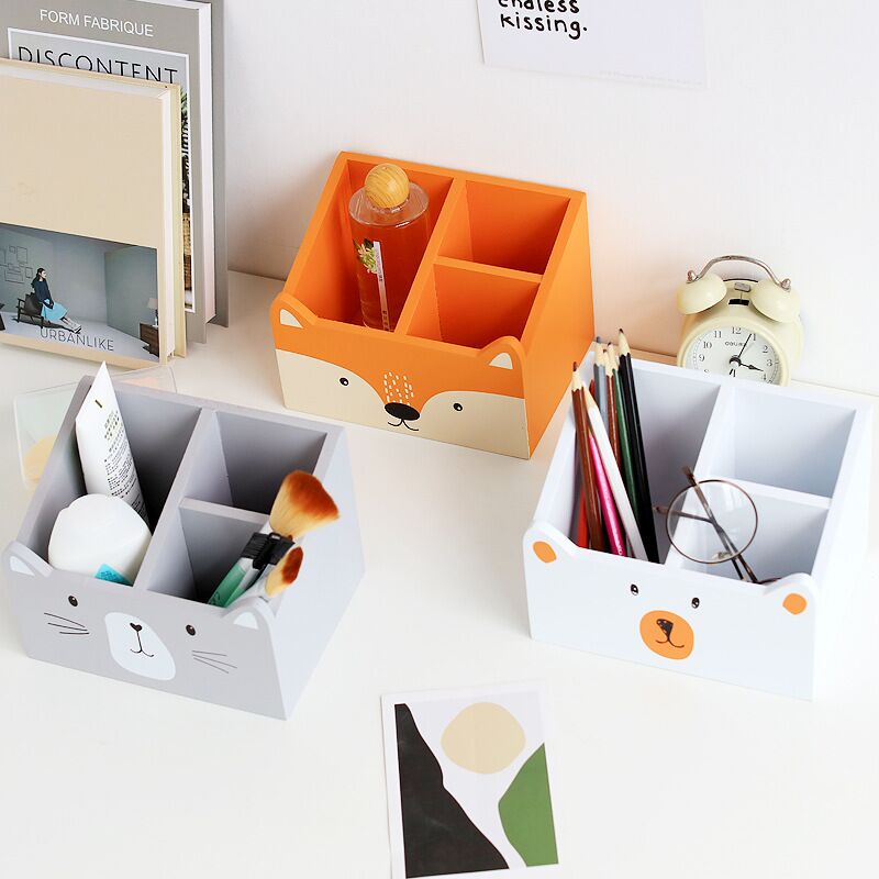 MINKYS Kawaii 3 Grid Large Capacity Animal Cat Fox Wood Desktop Organizer Pen Holder Desk Storage Box School Office Stationery