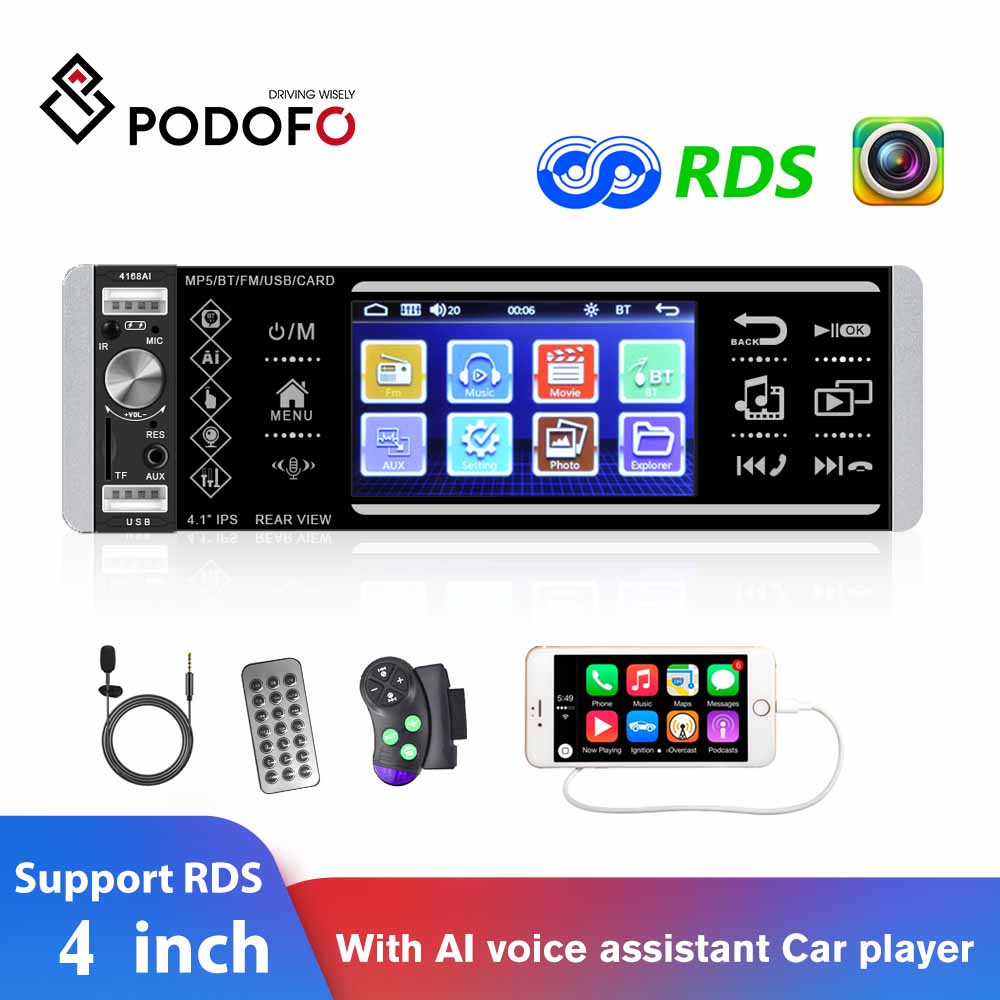 Podofo 1Din Car Radios MP5 Player 4 Inch Touch Screen AI Voice Assistant 4168 With Square Remote Control Microphone RDS Stereo