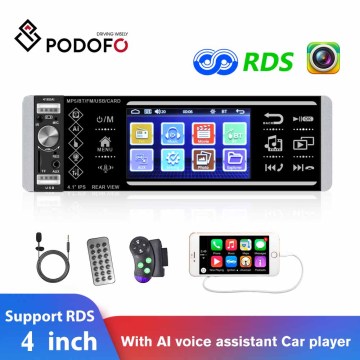 Podofo 1Din Car Radios MP5 Player 4 Inch Touch Screen AI Voice Assistant 4168 With Square Remote Control Microphone RDS Stereo
