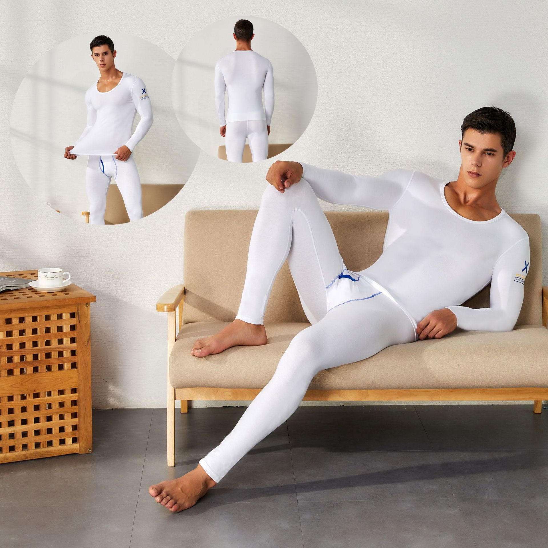 SEOBEAN Men's Cotton Warm Underwear Set Middle-waisted Bottom Knitting Thin Men's Monolayer Long Johns (for A Set)