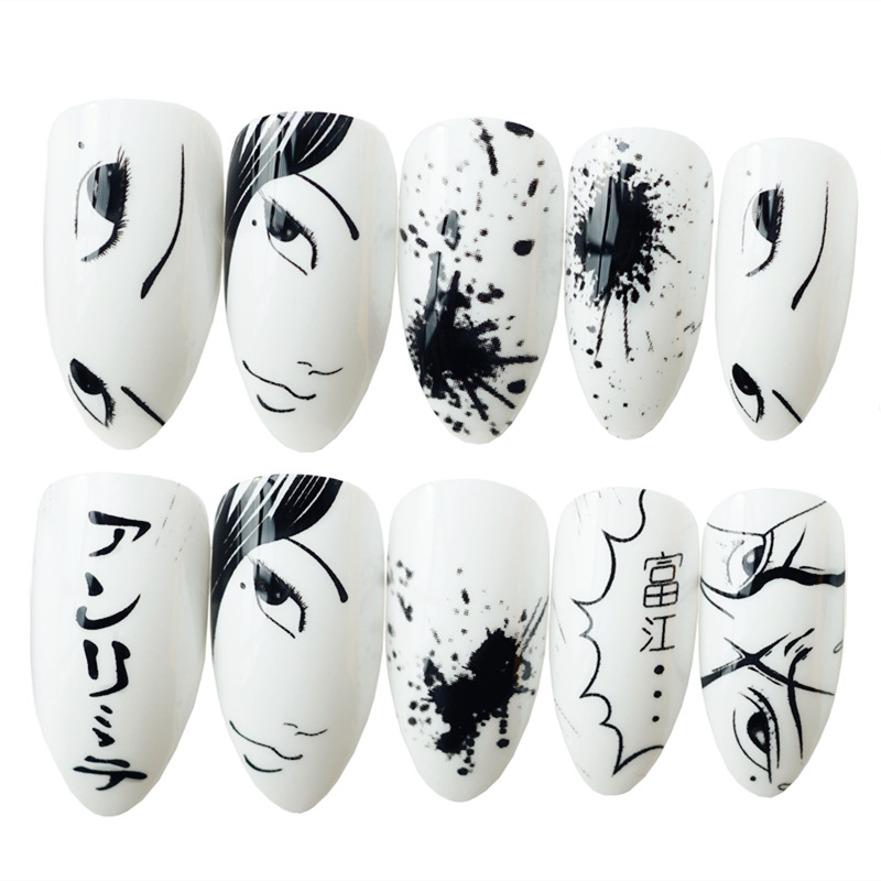 24Pcs Artificial Fake Nails Black White Anime Short Stiletto False Nails DIY Press On Finger Tips Manicure Tool