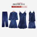 Women Pajamas 5 Pieces Satin Pajamas Sets Sleepwear Silk Home Wear Embroidery Sleep Lounge Lace Pyjama with Chest Pads