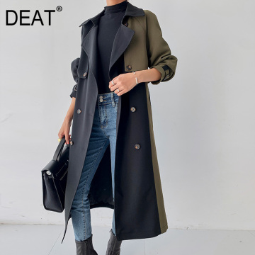 DEAT Windbreak Coat Women With Lined Hit Color ArmyGreen Thick Full Sleeve Lapel High Street 2021 New Autumn Fashion AM036