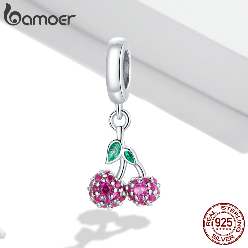 bamoer Authentic 925 Sterling Silver Fresh Cherry Charm for Original Silver Beads Bracelet & Bangle DIY Jewelry making BSC401