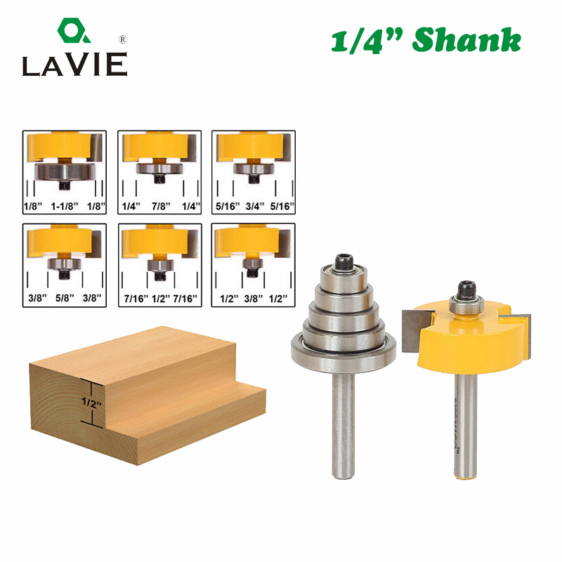 LA VIE 2PCS 1/4 Shank Rabbet Router Bit with 6 Bearings Set Adjustable Tenon Cutter Cemented Carbide Woodworking Bits MC01010