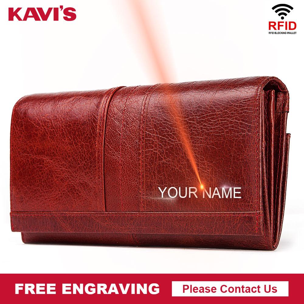 KAVIS Free Engraving Genuine Leather Women Wallet Female Coin Purse Hasp Portomonee Clutch Money Bag Lady Handy Long Girls