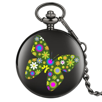 Flowers and Butterflies Beautiful Chic Quartz Pocket Watch Chain Clock Men Women Black Case Quartz Steampunk Gift Item cep saati