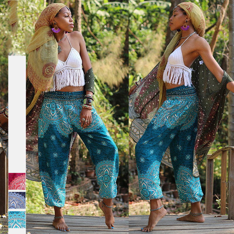 Fashion 2019 Women Thailand Print Yoga Fitness Indian Dance Costume Bohemian Bloomers Femme Wide Leg Harem Pants Loose Trousers