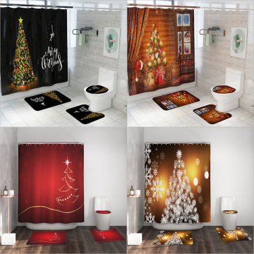 Christmas Tree Shower Curtains Merry Christmas Bathroom Curtain Anti Slip Pedestal Rug Lid Toilet Cover Bath Mat Set Home Decor