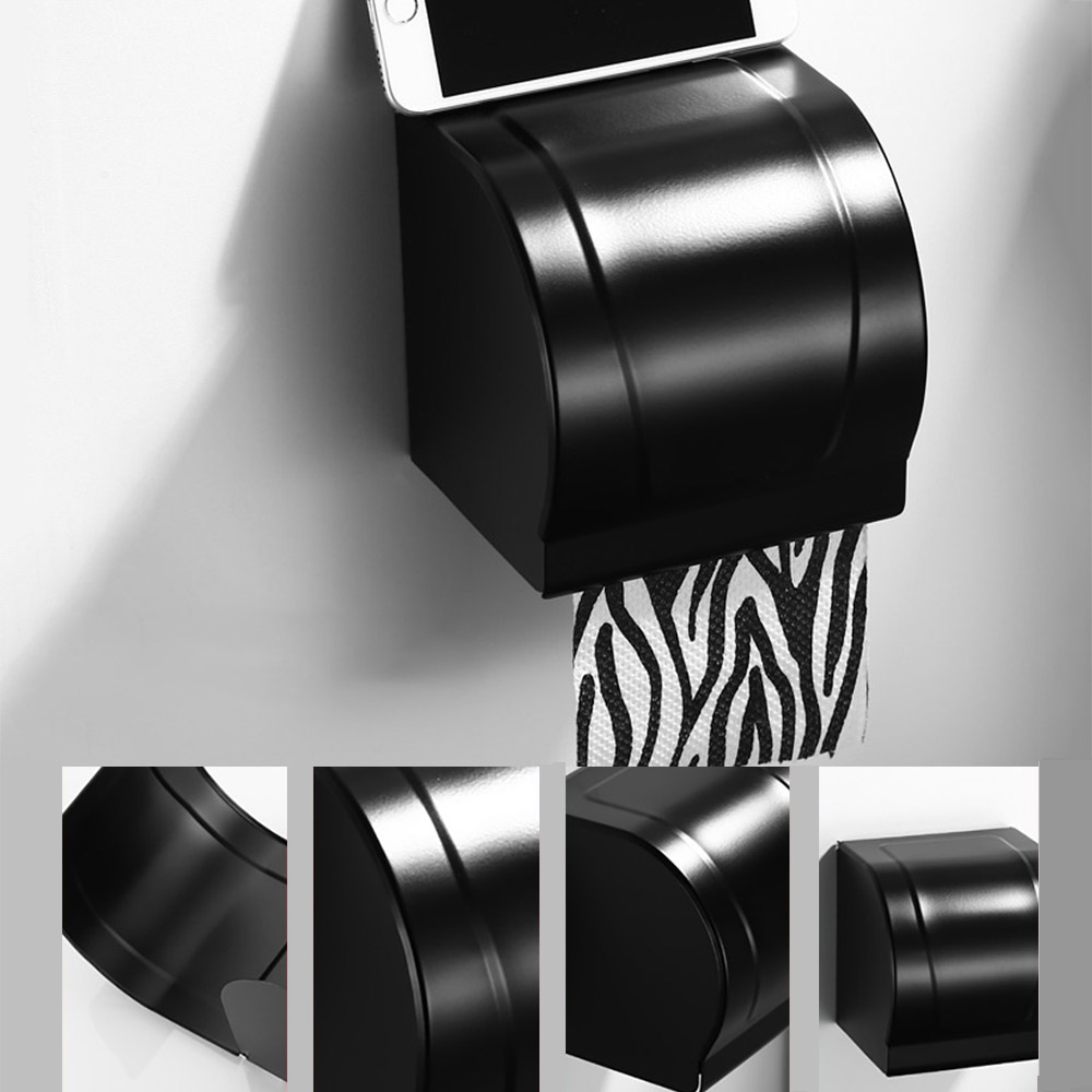 Punch-Free Bathroom Accessories Black Apace Aluminum Tissue Holder Wall-Mounted Toilet Paper Box Phone Rack