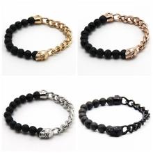 Black Vocalnic Lava Stone Bead Chain Steel Franco Chain Bangle Bracelet Vintage Skull Charm, Mens