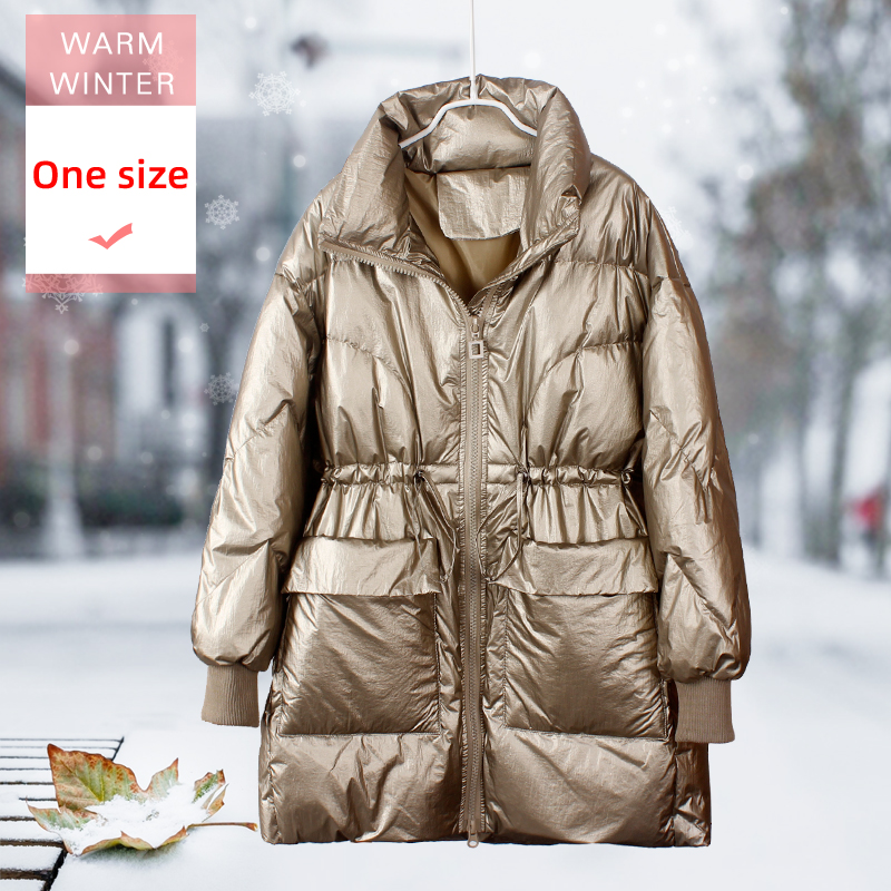 Women Long White Duck Down Jacket Stand Collar Female Thick Loose Style Warm Coat With Waistband Windproof Good Quanlity