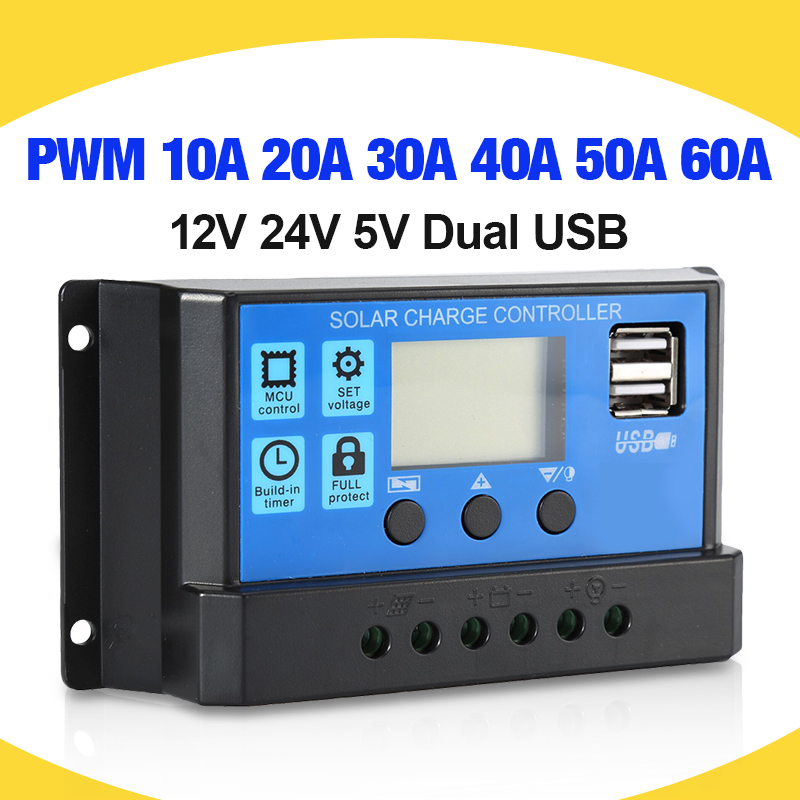 60A/50A/40A/30A/20A/10A Solar Charger Controller 12V 24V Auto PWM Controllers LCD Display 5V Dual USB Output Controller