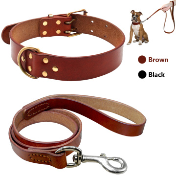 Real Leather Pet Dog Collar Leash Set For Medium Large Dog Breed Genuine Leather Collar For Pitbull Boxer Bulldog S M L