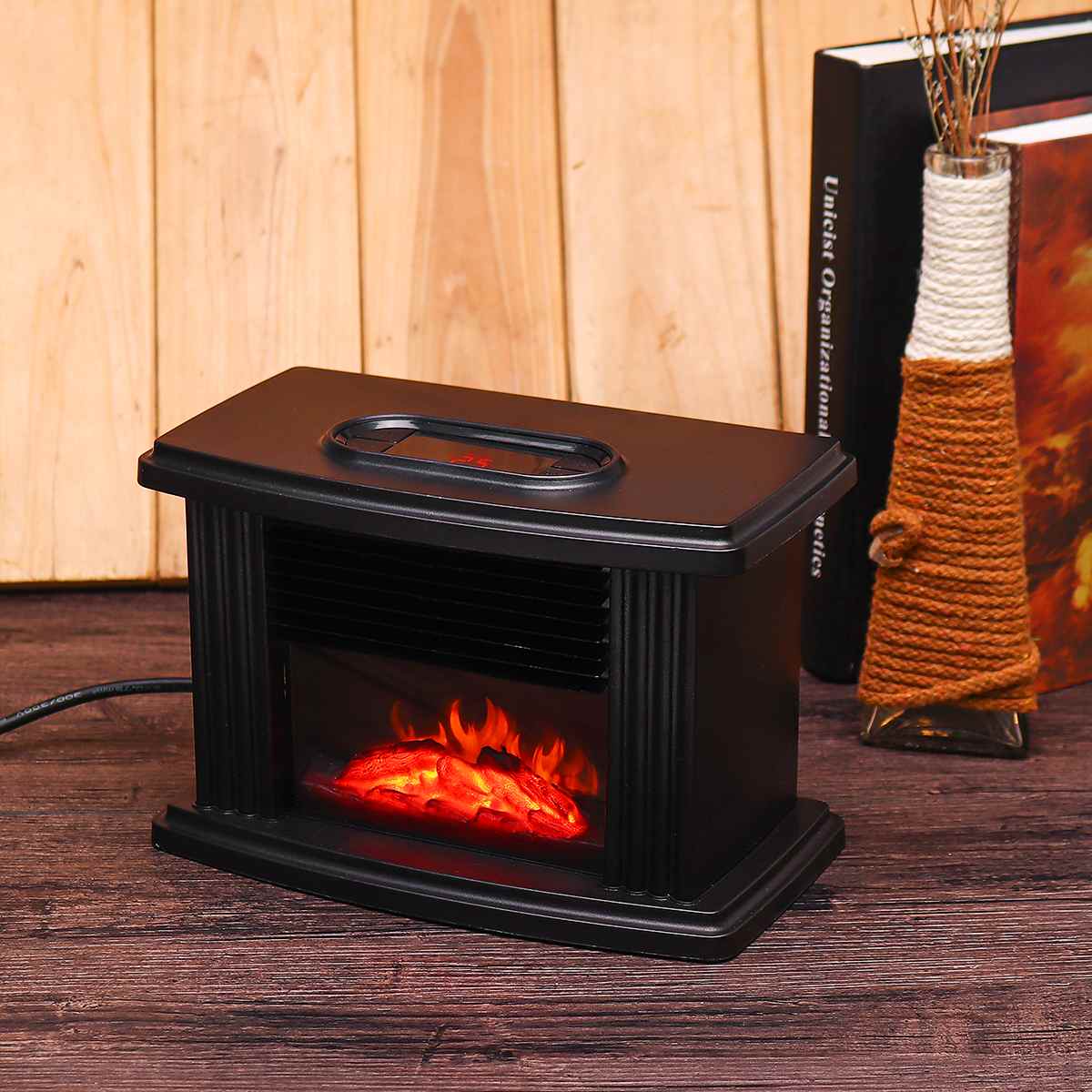 1000W Desktop Mini Electric Fireplace Heater with Log Flame Effect Warm Air Heat Fan Desk Table Heating For Winter Smart Home