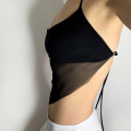 Sexy See Through mesh Patchwork Frill Halter Corset Crop Top Women Black White Solid Color Casual V-neck Camisole Club Iamhoty