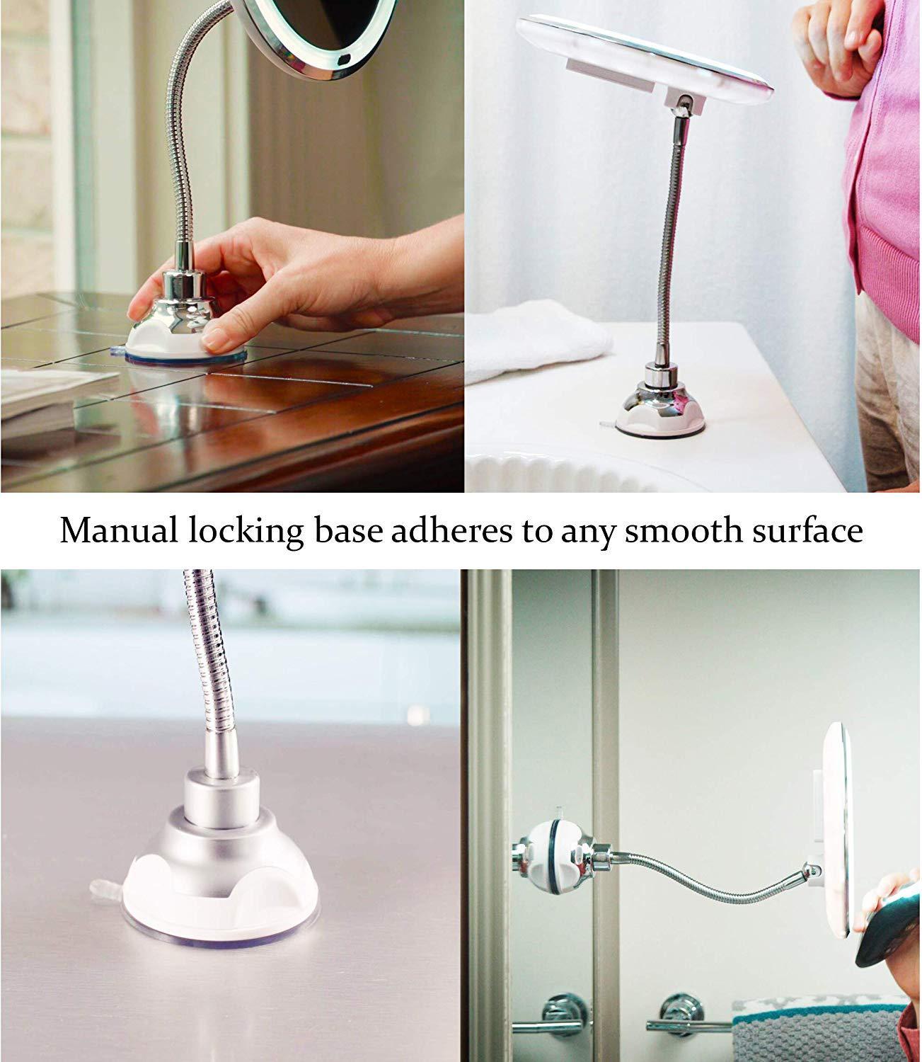 10X Bath Mirror Magnifying Wall Mounted Adjustable Flexible Mirror Bathroom Folding Vanity Mirror with LED Light Makeup Tools