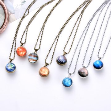 New Fashion Double Side Glass Ball Necklace Personality Earth Planet Pattern Jewelry Astronomy Pendant Necklace