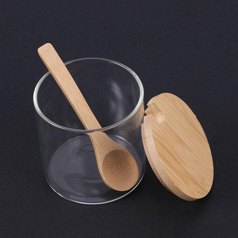 1pc Glass Spice Condiment Jars Sugar Can Food Storage Containers with Bamboo Lid and Wooden Spoon for Serving Tea Coffee Spice
