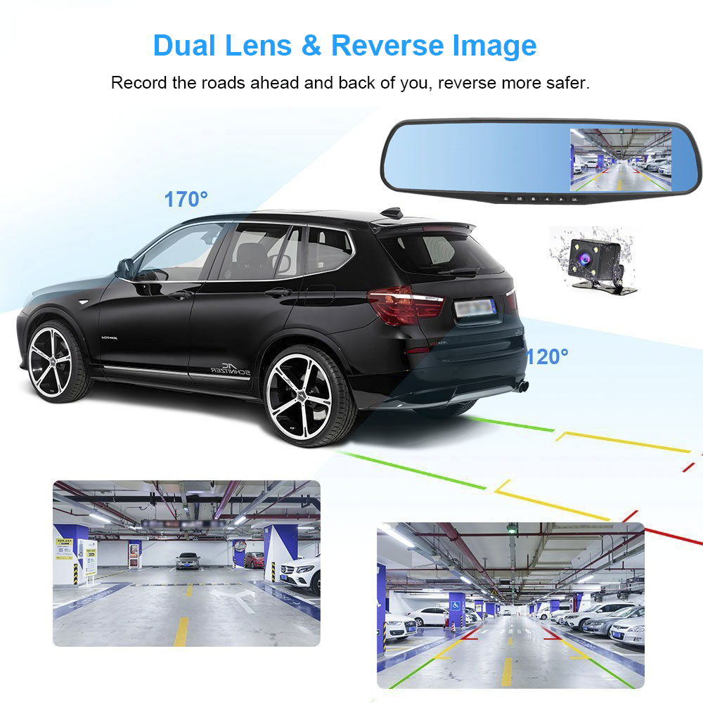 HGDO 4.3'' FHD 1080P Dual Lens Car DVR Mirror Dash Cam auto Recorder Rearview Mirror Night Vision Rear View Camera loop record