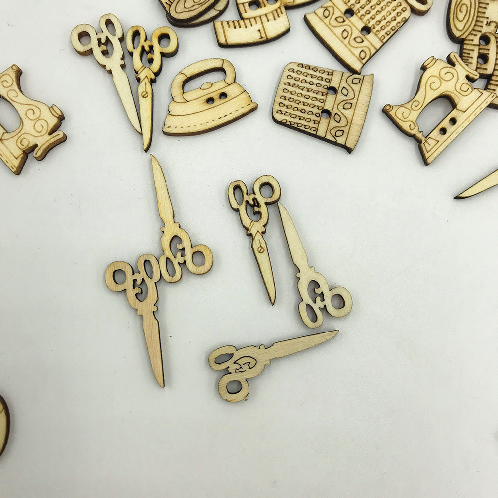 50PCS Wooden Buttons Scissor Shape Assorted Design Sewing Machine Buttons Snaps Press Studs for Crafts Scrapbooking Sewing