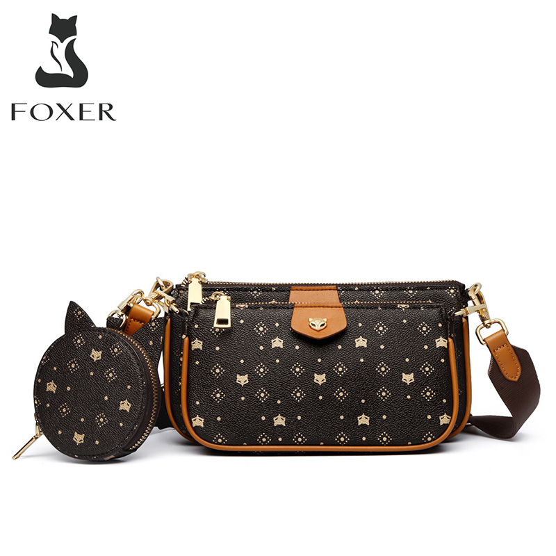 FOXER 2020 New 3 in 1 Crossbody Monogram Bags Signature Women Bag Removable Coin Purse PVC Leather Female Fashion Shoulder Bags