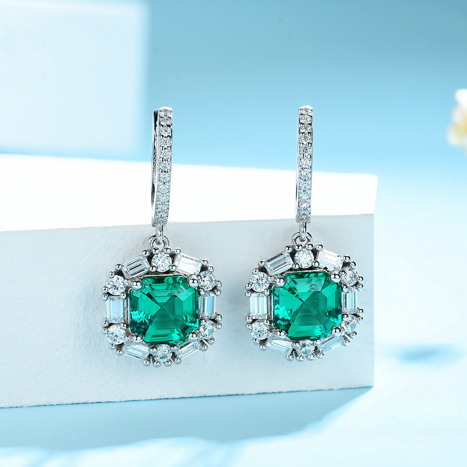Kuololit Emerald gemstone Luxury Jewelry Set for Women Real 925 Sterling Silver Asscher cutting Ring Earrings for Bridal Gift