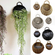 Hand Made Wicker Rattan Flower Basket Green Vine Pot Planter Hanging Vase Container Wall Plant Basket For Garden