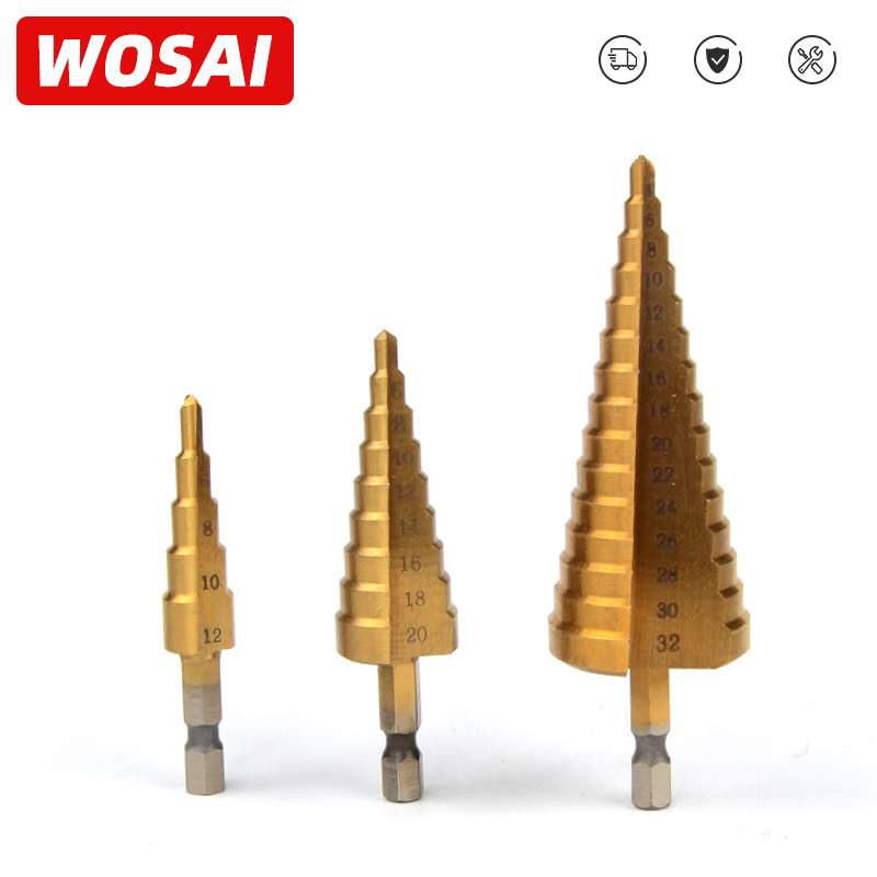 WOSAI 3Pcs Metric Spiral Flute Step HSS Steel 4241 Cone Titanium Coated Drill Bits Tool Set Hole Cutter 4-12/ 20/ 32mm