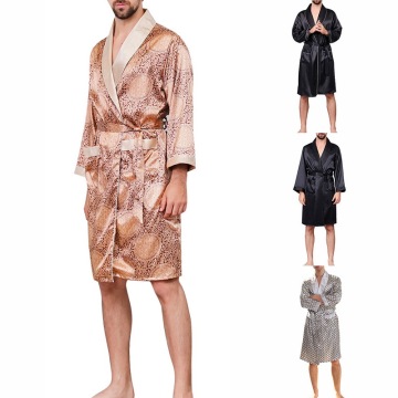 2020 Men's Sexy V-neck Silk Robe Section Sleepwear Silk Long-sleeved printed Robes Male Ropa Pajamas Nightgown Satin Bathrobe