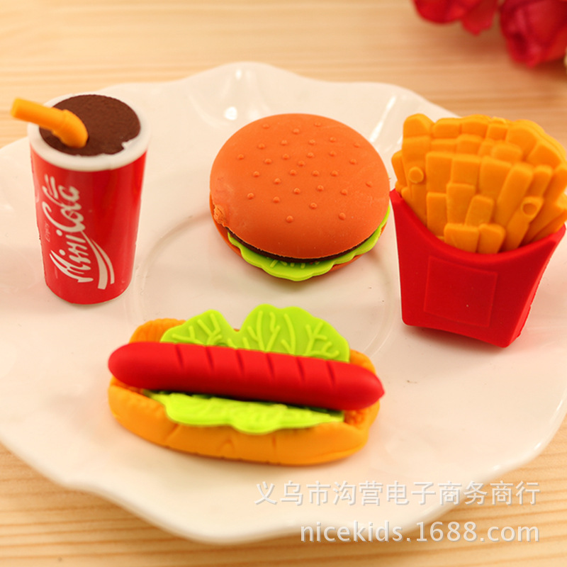 1pc Creative Fast Food Burger Hot Dog Chips Eraser Students Eraser Stationery Supplies Wholesale