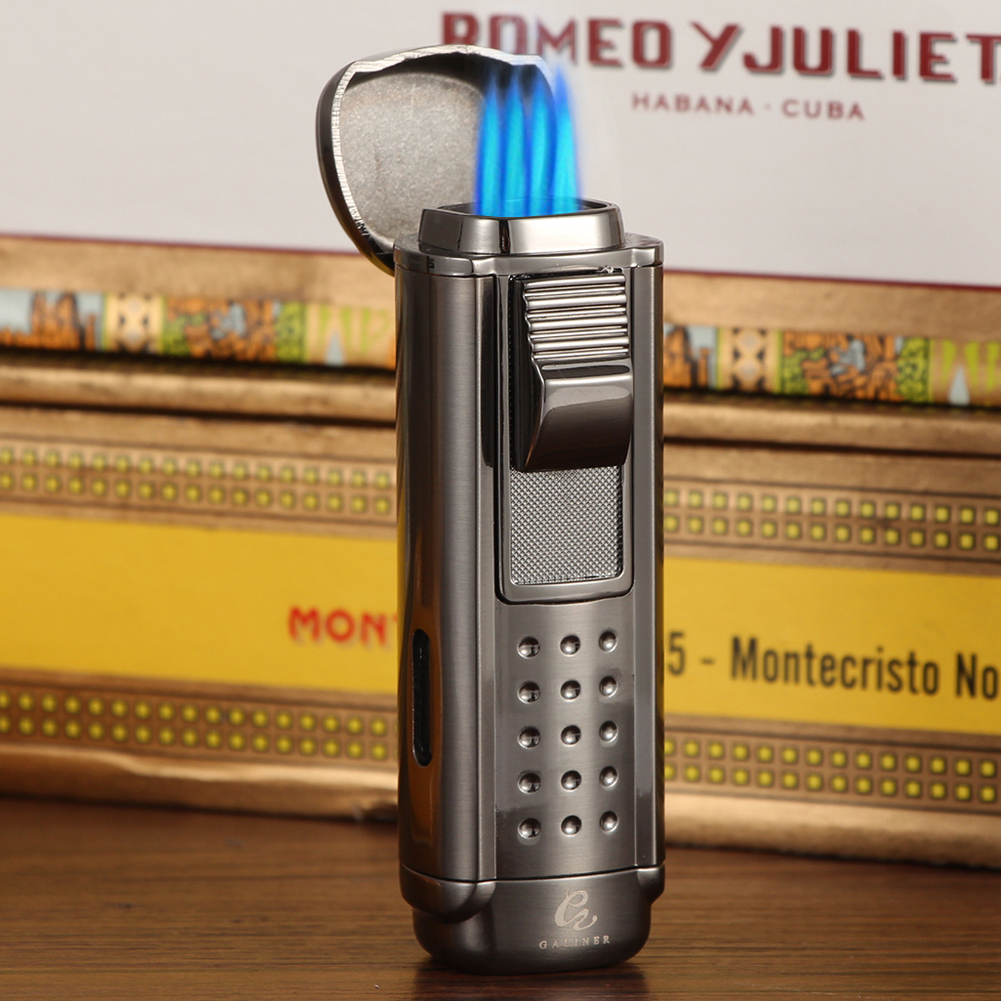 GALINER Metal Cigar Lighter 4 Flame Jet Gas Lighters Butane Torch Cigarette Lighter Refillable W/ Cigar Punch Drill