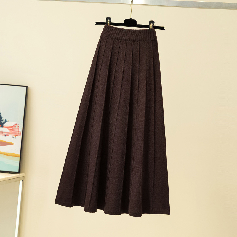 Women Knitted Ribbed Pleated Midi Skirts Solid Warm A-Line Skirt Female 2021 Winter Autumn Trendy Elegant Ladies Bottoms Girls