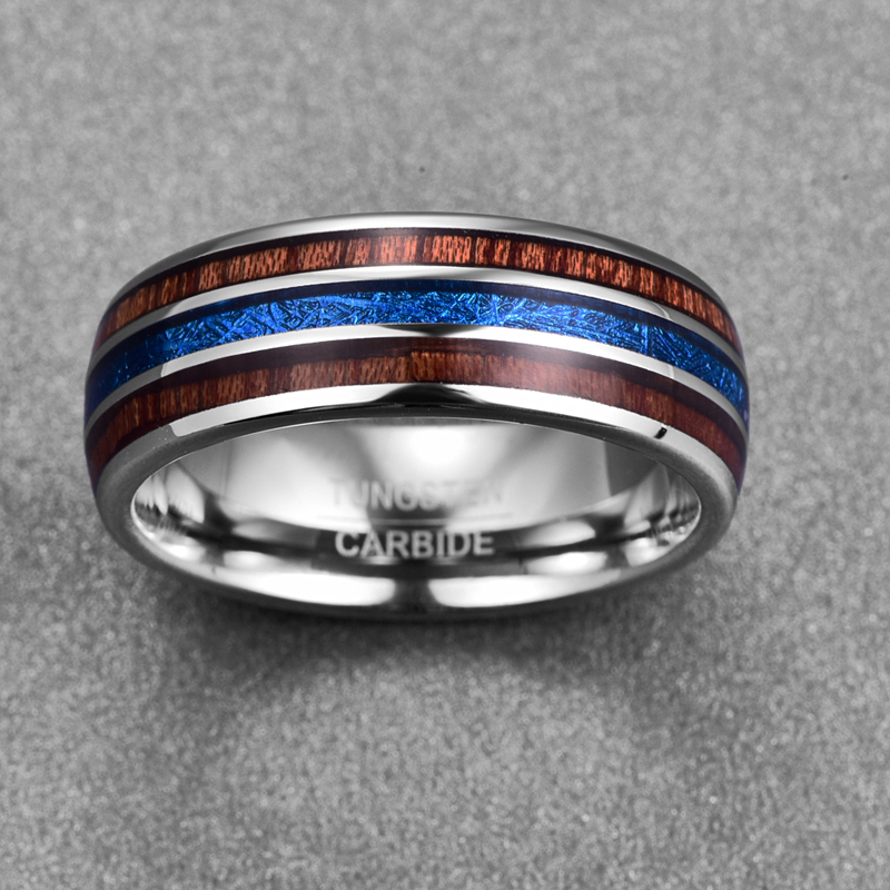 High Polished 8MM Hawaiian Koa Wood Men Ring Full Size Wedding Bands Blue Imitation Vermiculite 100% Tungsten Carbide Ring