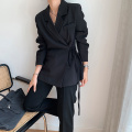 [EAM] Women Irregular Bandage Big Size Blazer New Lapel Long Sleeve Loose Fit Jacket Fashion Tide Spring Autumn 2021 1DB323