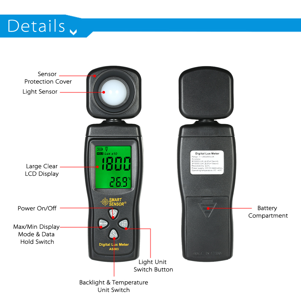 AS803 Luxmeter Digital Light Meter Lux Meter Photometer uv Meter UV Radiometer LCD Luxmeter Handheld Illuminometer Photometer