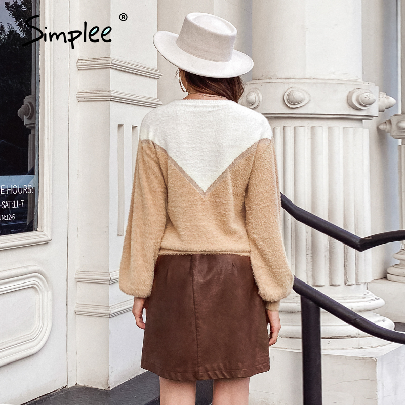 Simplee Elegant impact color lace white jumper O-neck shoulder drop hairy pullover Casual home soft autumn winter sweater ladies