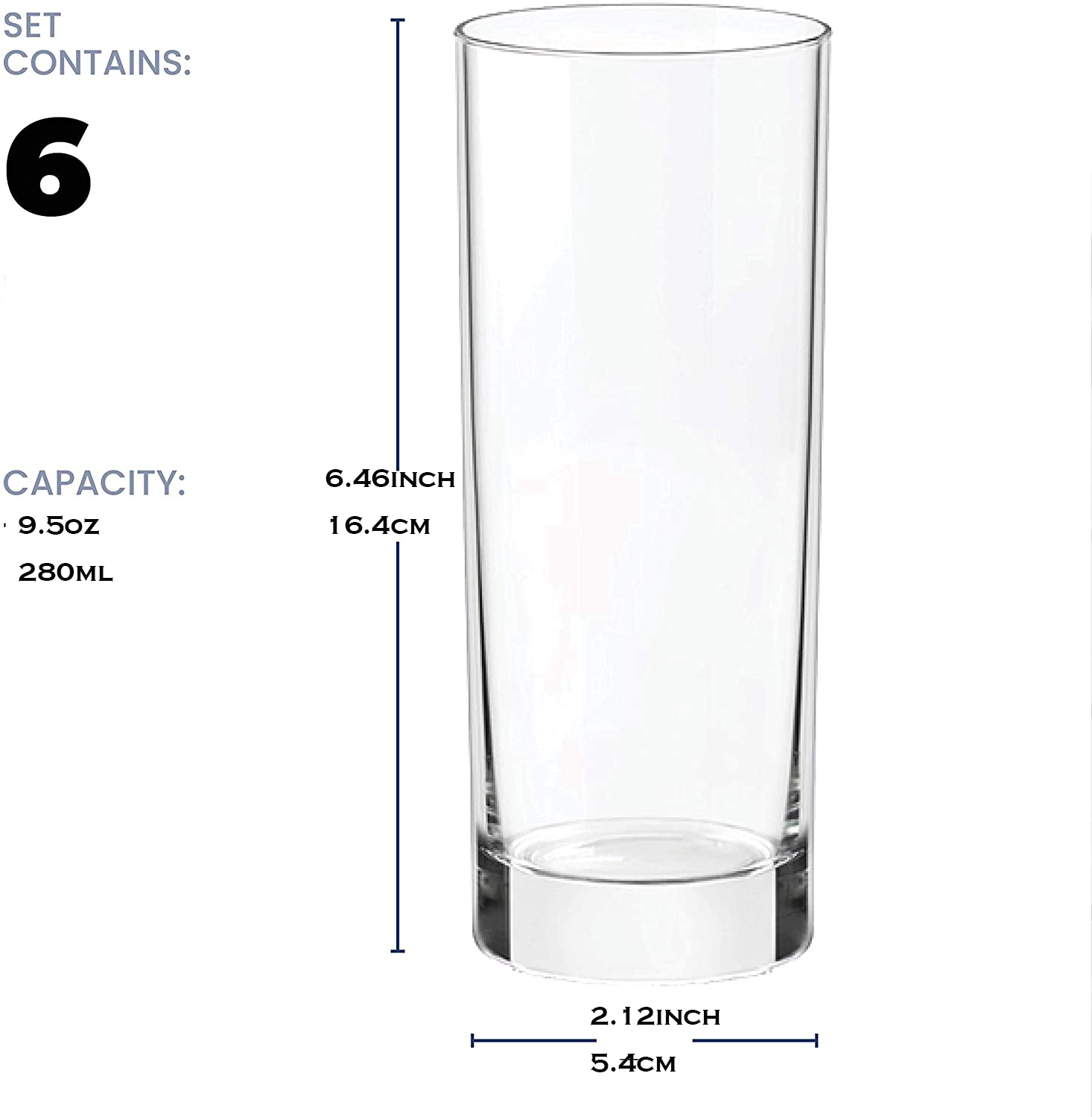 Clear Whiskey Glass Heavy Base Tall Highball Glasses Thick Water Glasses Cups 6pcs Set Modern Drinking Glassware Tumbler Glass