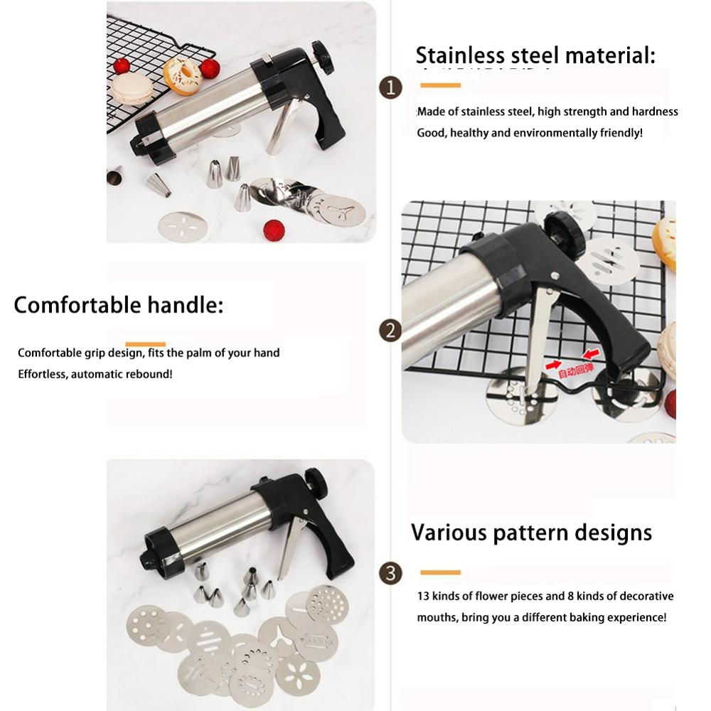 Stainless Steel Cookie Press Kit Gun Machine Breads Biscuit Maker Cake Decorating Tools Maker with 7 Nozzles 13 Pressing discs