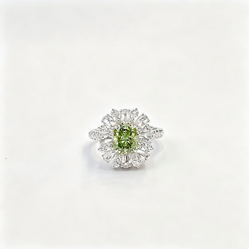 Fancy Vivid Green cushion lab diamond ring with mixed shape rose cut floral halo