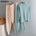 2020 2 Pieces Set Women Knitted Tracksuit Turtleneck Sweater + Carrot Jogging Pants Pullover Sweater Set CHIC Knitted Outwear